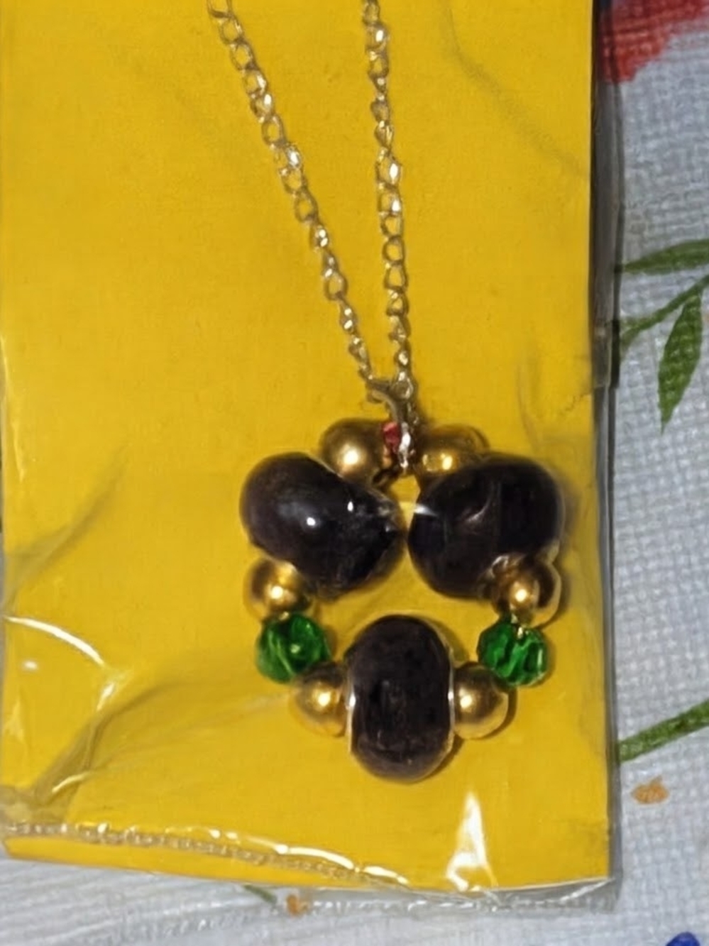 Gold Bead Necklace with Dark Brown and Green Accents - Women Jewelry